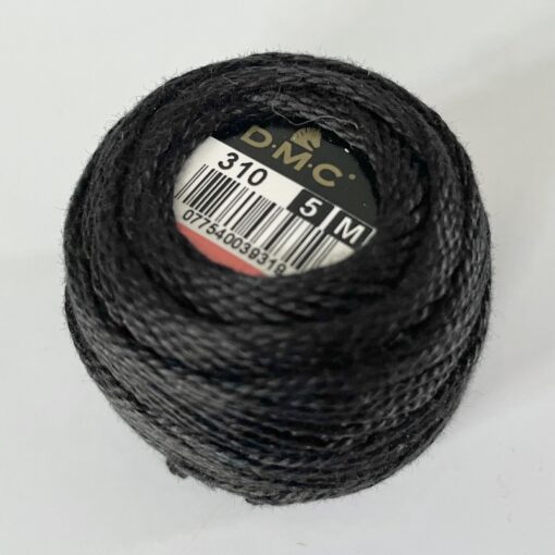 A DMC Cotton Perle 116 / 310 / 5 (Black) ball of 100%, black, mercerised cotton thread that has been manufactured using a twisting process so it iis non-divisible