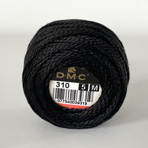 A DMC Cotton Perle 116 / 310 / 5 (Black) ball of 100%, black, mercerised cotton thread that has been manufactured using a twisting process so it iis non-divisible.
