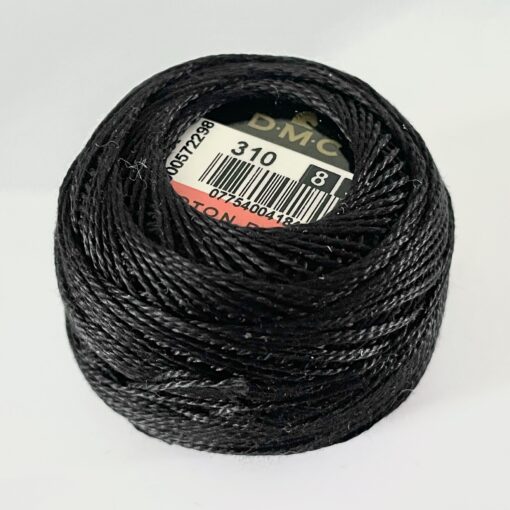 A DMC Cotton Perle 116 / 310 / 8 (Black) ball of 100%, black, mercerised cotton thread that has been manufactured using a twisting process so it iis non-divisible.