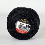 A DMC Cotton Perle 116 / 310 / 8 (Black) ball of 100%, black, mercerised cotton thread that has been manufactured using a twisting process so it iis non-divisible.