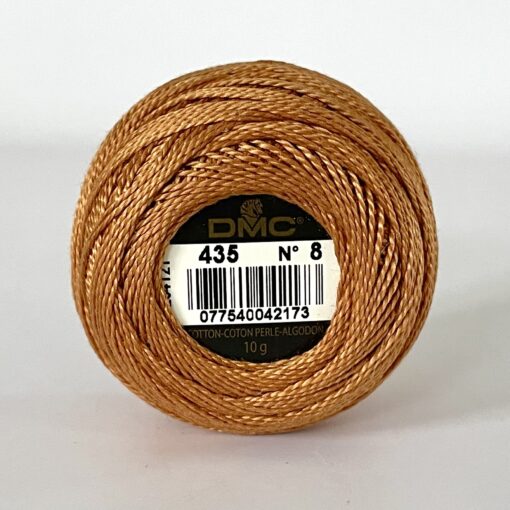 A DMC Cotton Perle 116 / 436 / 8 (Light Tan Brown) ball of 100%, mercerised cotton thread that has been manufactured using a twisting process so it iis non-divisible.