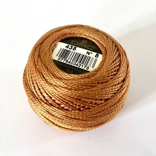 A DMC Cotton Perle 116 / 436 / 8 (Light Tan Brown) ball of 100%, mercerised cotton thread that has been manufactured using a twisting process so it iis non-divisible.