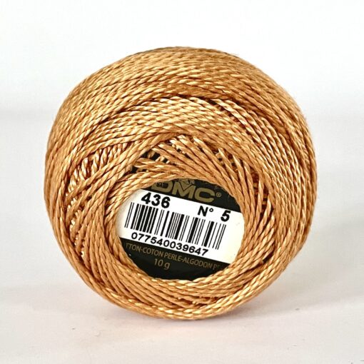 A DMC Cotton Perle 116 / 436 / 8 (Light Brown) ball of 100%, mercerised cotton thread that has been manufactured using a twisting process so it iis non-divisible.
