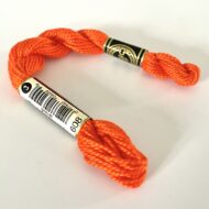 A DMC Cotton Perle in shade 608 (size 3) skein of 100%, mercerised cotton embroidery thread manufactured using a twisting process so it is non-divisible.