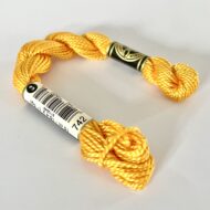 A DMC Cotton Perle in shade 742 (size 3) skein of 100%, mercerised cotton embroidery thread manufactured using a twisting process so it is non-divisible.