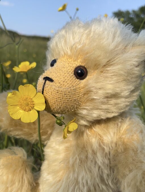 Buttercup bear kit containing all materials and pattern needed to create a cute miniature yellow bear toy