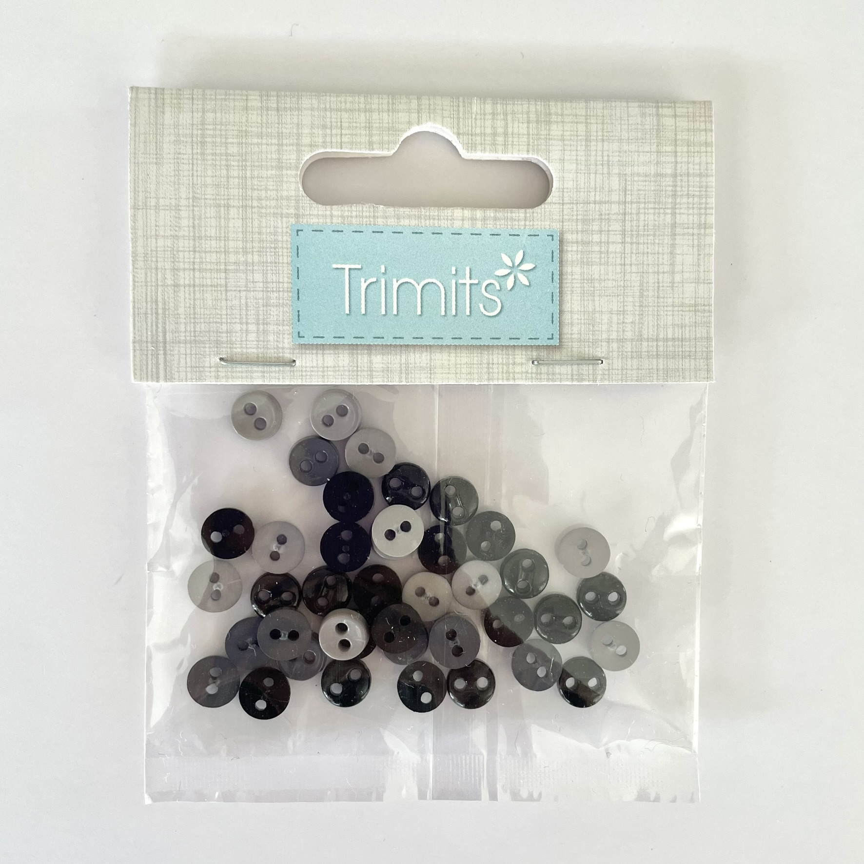 Trimits Mini Buttons for miniature toy making and toy clothes in colour- black, grey and white