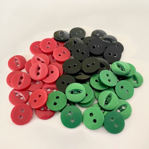 Dark 12mm fish eye buttons with slight pearly sheen in colours red, black and green