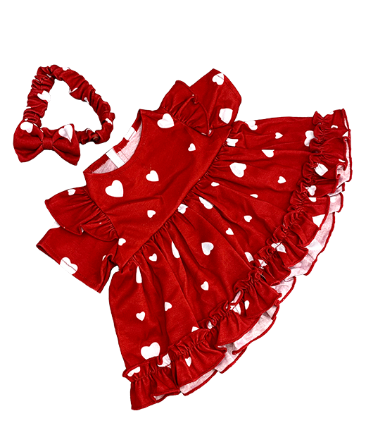 Teddy bear dress with white hearts on red fabric with headband for 16" teddy bears, dolls and toys
